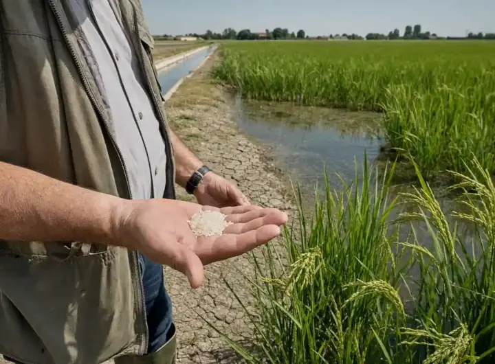 Tecnico agricolo mostra chicchi di riso lungo in mano accanto a risaia e canale d’irrigazione con terreno screpolato