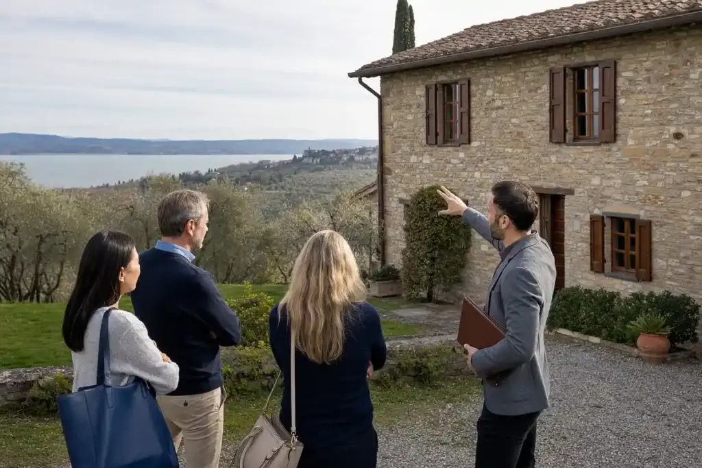 Agente immobiliare mostra un casale in pietra a tre potenziali acquirenti, con lago e colline sullo sfondo