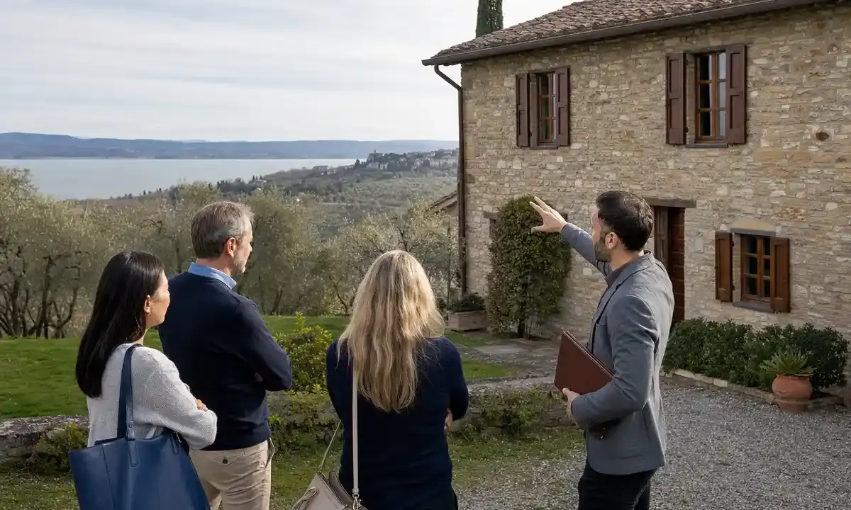 Agente immobiliare mostra un casale in pietra a tre potenziali acquirenti, con lago e colline sullo sfondo