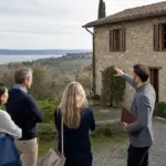 Agente immobiliare mostra un casale in pietra a tre potenziali acquirenti, con lago e colline sullo sfondo