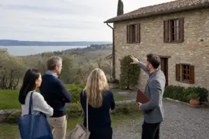 Agente immobiliare mostra un casale in pietra a tre potenziali acquirenti, con lago e colline sullo sfondo