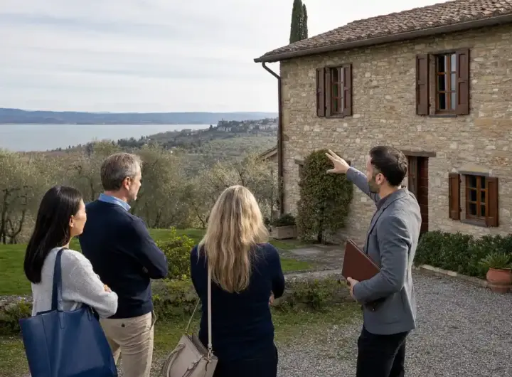 Agente immobiliare mostra un casale in pietra a tre potenziali acquirenti, con lago e colline sullo sfondo