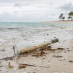 Bottiglia di vetro con un messaggio arrotolato sulla battigia di una spiaggia, con mare calmo sullo sfondo