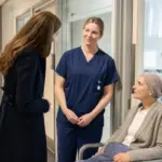 Donna in cappotto scuro parla con un’infermiera in corsia e una paziente seduta con foulard in testa