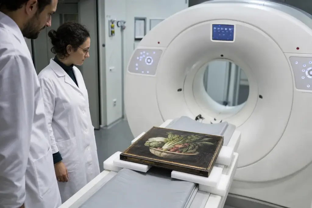 Tecnici in camice osservano un dipinto con natura morta di verdure sul lettino di una TAC