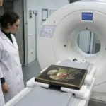 Tecnici in camice osservano un dipinto con natura morta di verdure sul lettino di una TAC