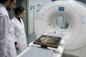 Tecnici in camice osservano un dipinto con natura morta di verdure sul lettino di una TAC