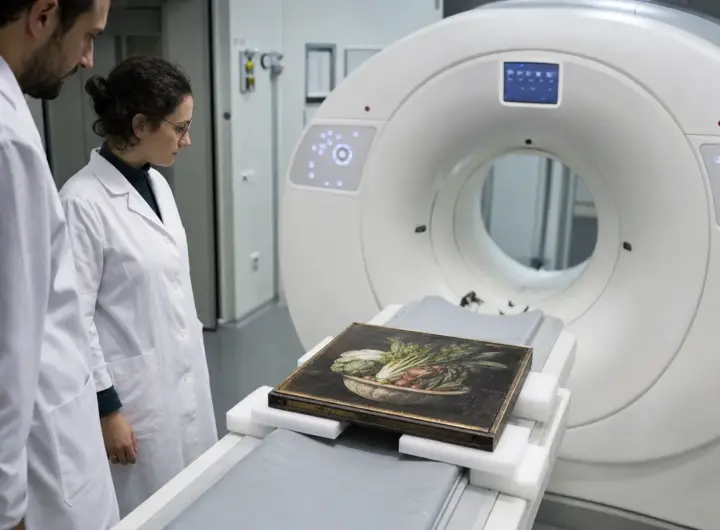 Tecnici in camice osservano un dipinto con natura morta di verdure sul lettino di una TAC
