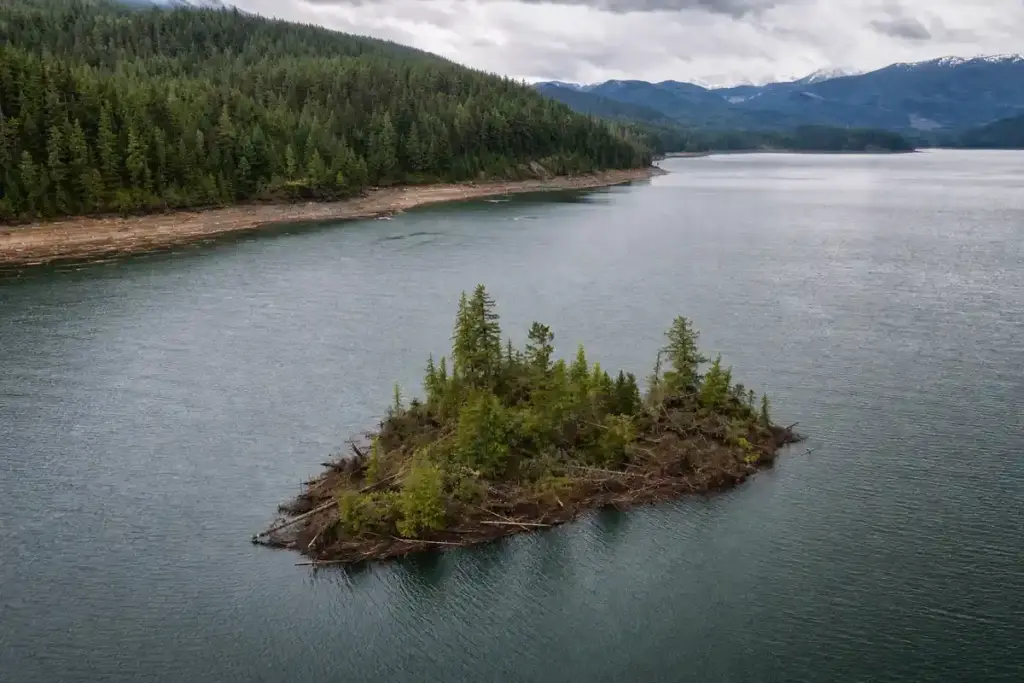 Isola galleggiante con alberi e tronchi in un grande lago circondato da foreste e montagne, sotto cielo nuvoloso