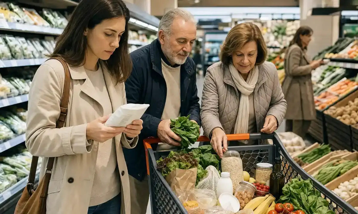 Donna legge l’etichetta di un prodotto mentre una coppia anziana sceglie verdure e cereali al supermercato