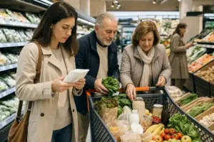 Donna legge l’etichetta di un prodotto mentre una coppia anziana sceglie verdure e cereali al supermercato