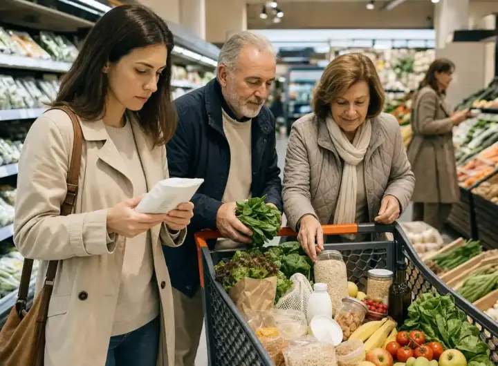 Donna legge l’etichetta di un prodotto mentre una coppia anziana sceglie verdure e cereali al supermercato