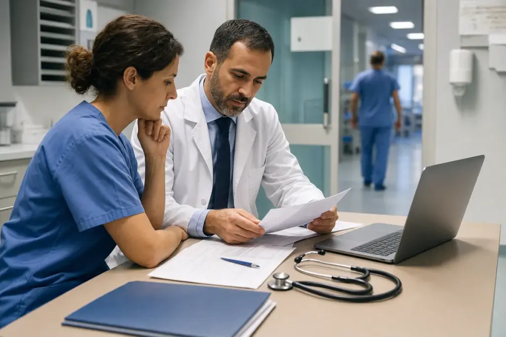 Medico in camice e infermiera in sala ospedaliera mentre esaminano documenti clinici accanto a un laptop
