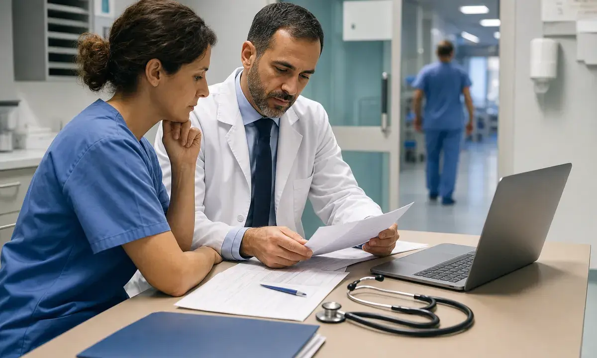 Medico in camice e infermiera in sala ospedaliera mentre esaminano documenti clinici accanto a un laptop