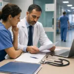 Medico in camice e infermiera in sala ospedaliera mentre esaminano documenti clinici accanto a un laptop