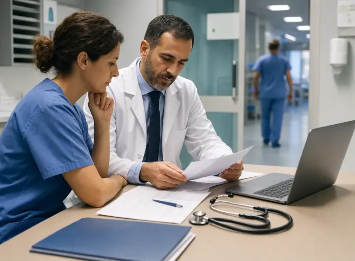 Medico in camice e infermiera in sala ospedaliera mentre esaminano documenti clinici accanto a un laptop