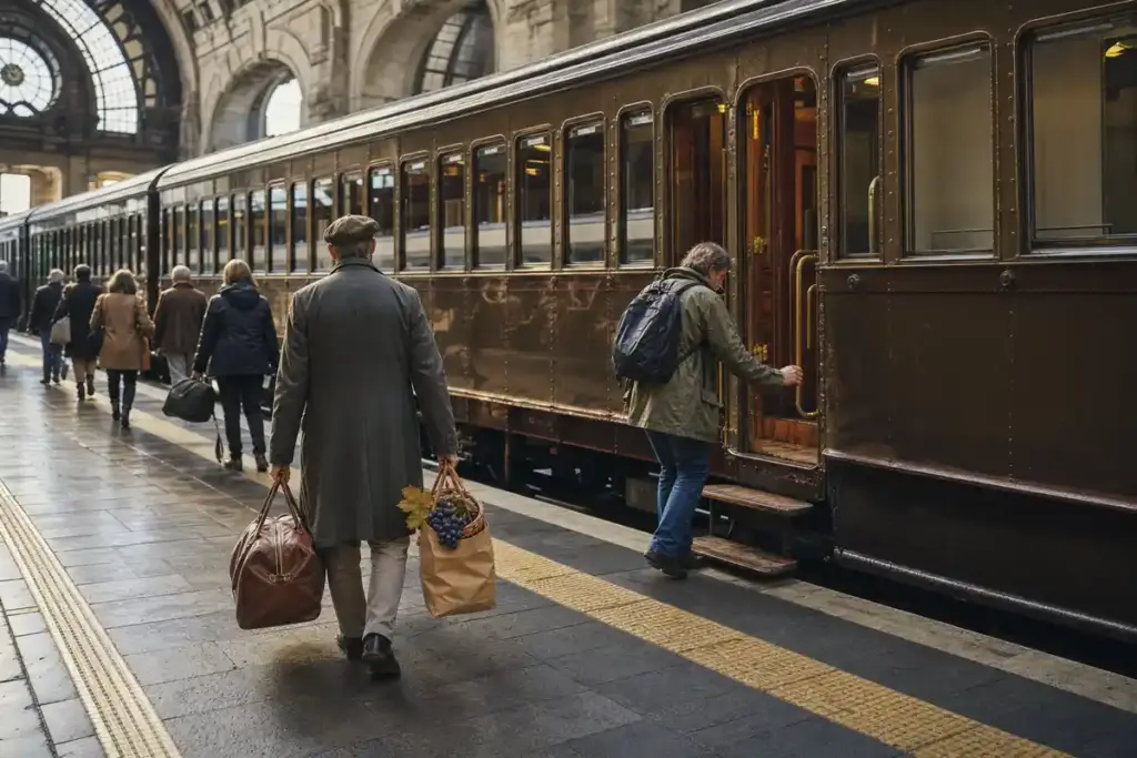 Passeggeri salgono su un treno storico in una grande stazione, con valigie e un sacchetto di carta con uva