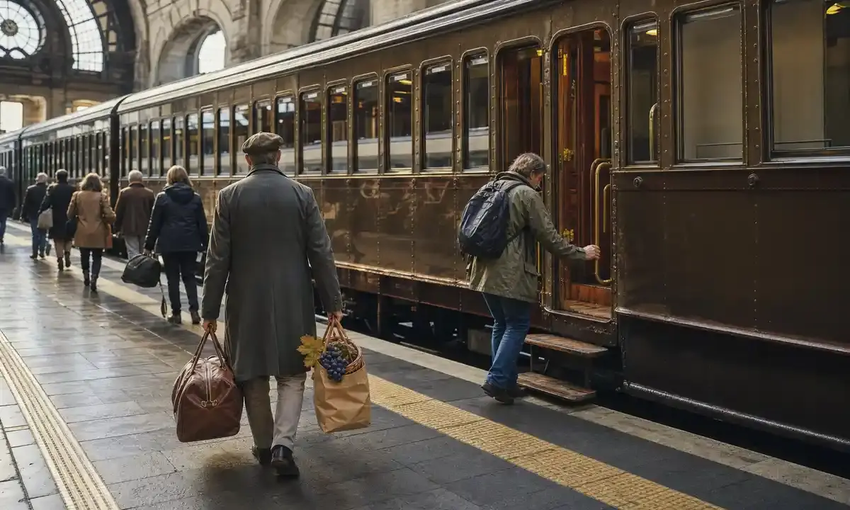 Passeggeri salgono su un treno storico in una grande stazione, con valigie e un sacchetto di carta con uva