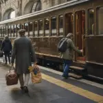 Passeggeri salgono su un treno storico in una grande stazione, con valigie e un sacchetto di carta con uva