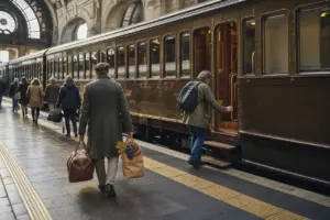 Passeggeri salgono su un treno storico in una grande stazione, con valigie e un sacchetto di carta con uva