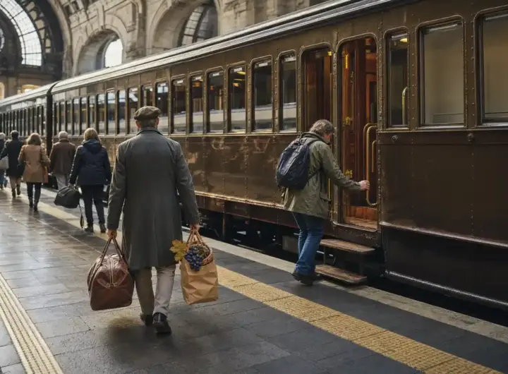 Passeggeri salgono su un treno storico in una grande stazione, con valigie e un sacchetto di carta con uva
