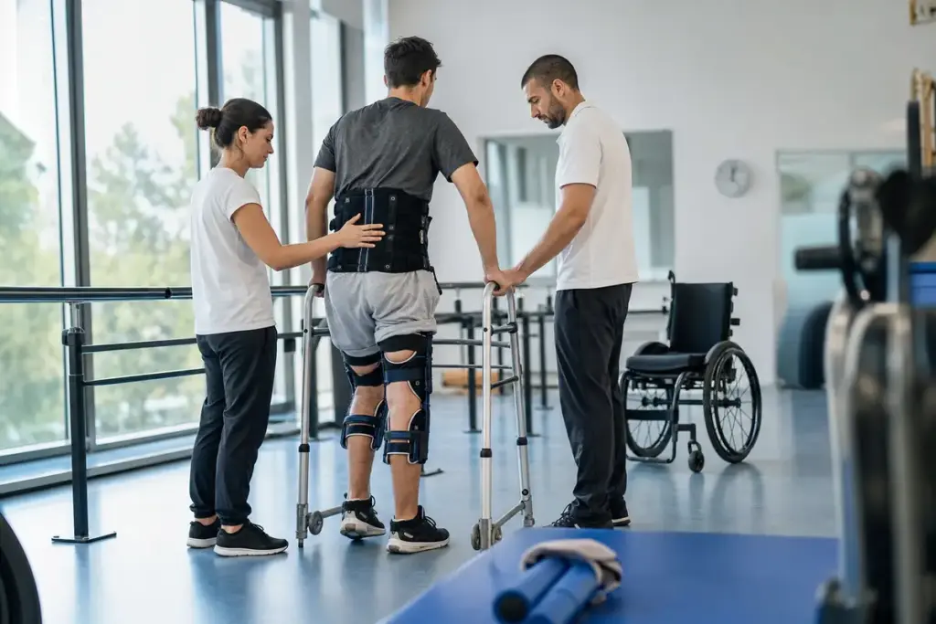 Paziente in riabilitazione cammina con deambulatore e tutori alle gambe assistito da due fisioterapisti, con sedia a