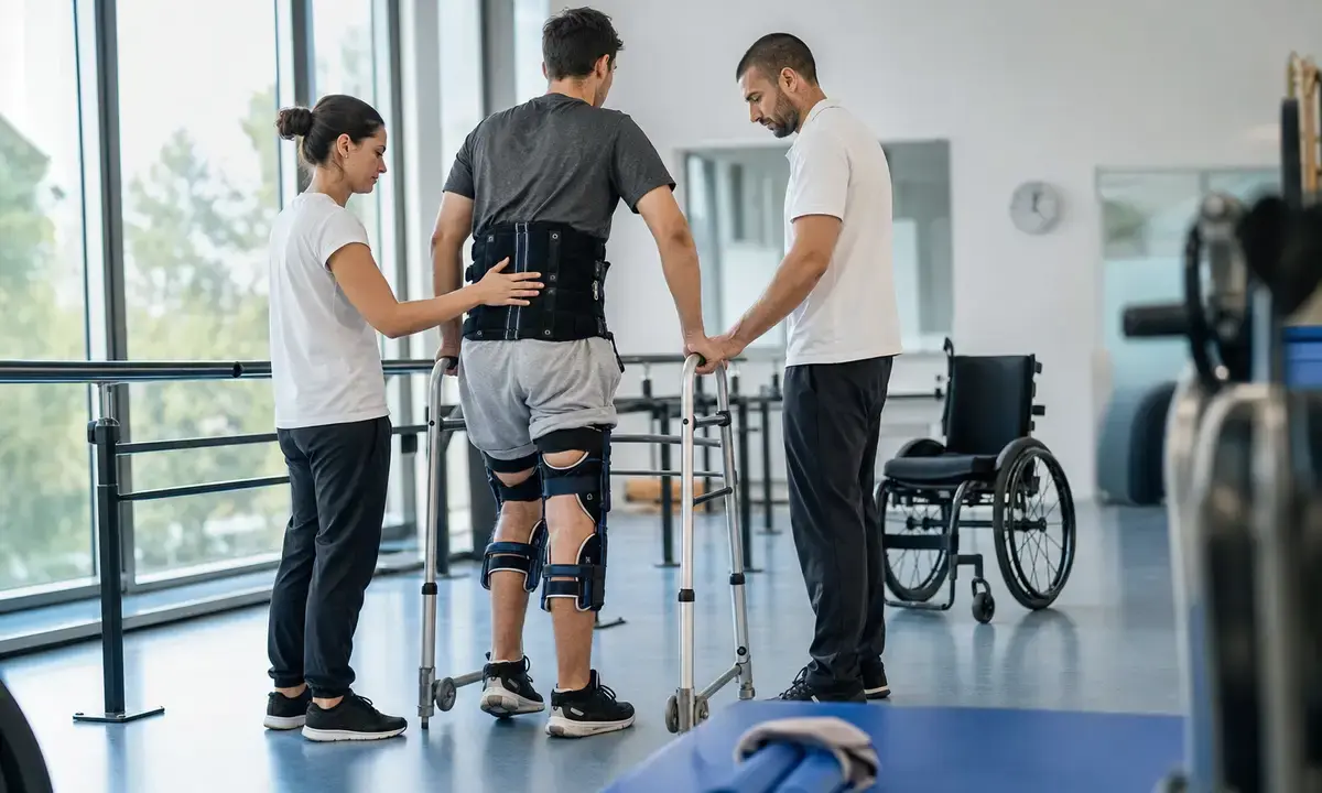Paziente in riabilitazione cammina con deambulatore e tutori alle gambe assistito da due fisioterapisti, con sedia a