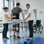 Paziente in riabilitazione cammina con deambulatore e tutori alle gambe assistito da due fisioterapisti, con sedia a