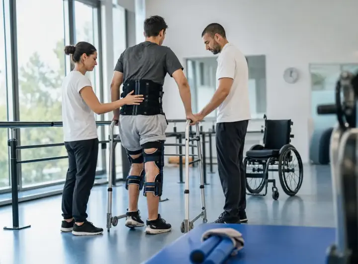 Paziente in riabilitazione cammina con deambulatore e tutori alle gambe assistito da due fisioterapisti, con sedia a