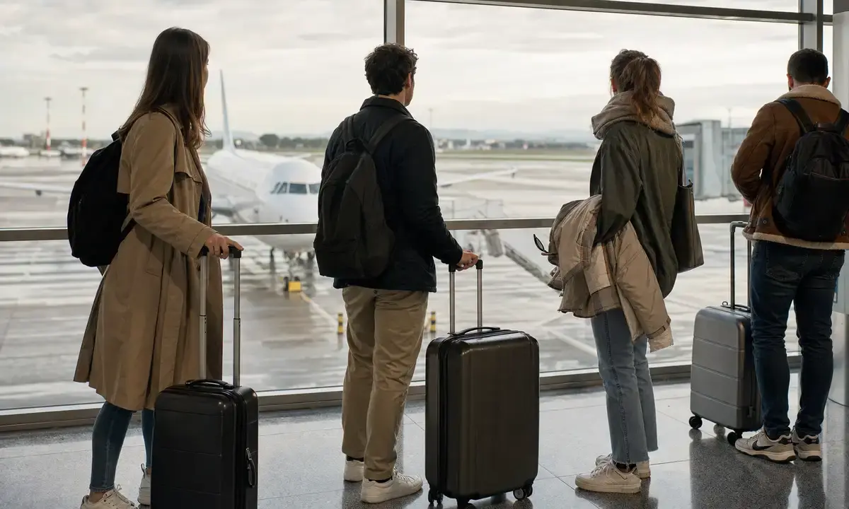 Viaggiatori in aeroporto con trolley e zaini davanti alle vetrate, con un aereo sulla pista sullo sfondo