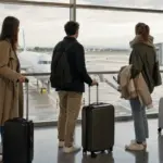 Viaggiatori in aeroporto con trolley e zaini davanti alle vetrate, con un aereo sulla pista sullo sfondo