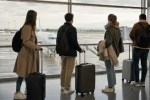 Viaggiatori in aeroporto con trolley e zaini davanti alle vetrate, con un aereo sulla pista sullo sfondo
