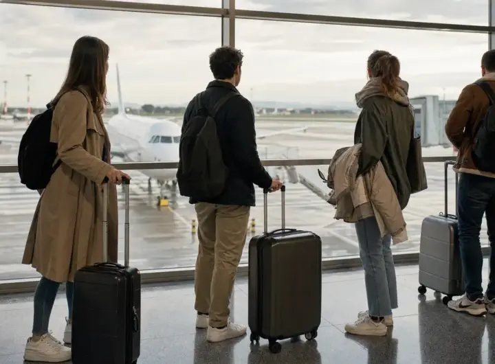 Viaggiatori in aeroporto con trolley e zaini davanti alle vetrate, con un aereo sulla pista sullo sfondo