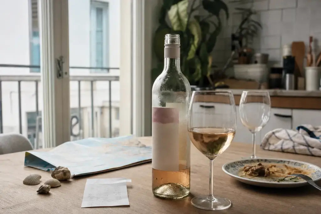 Bottiglia di vino rosato con due calici su un tavolo di cucina, accanto a mappa, conchiglie e scontrino