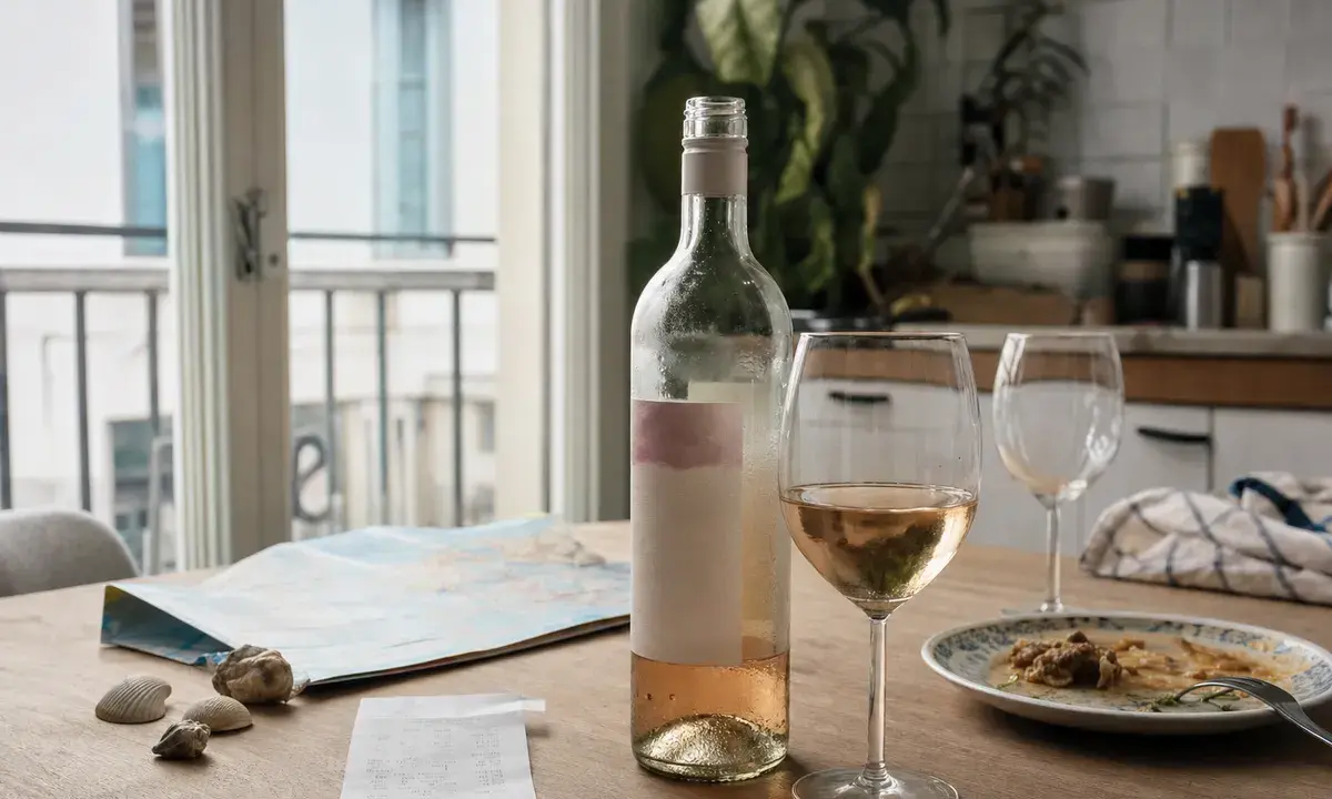 Bottiglia di vino rosato con due calici su un tavolo di cucina, accanto a mappa, conchiglie e scontrino