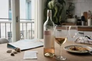 Bottiglia di vino rosato con due calici su un tavolo di cucina, accanto a mappa, conchiglie e scontrino