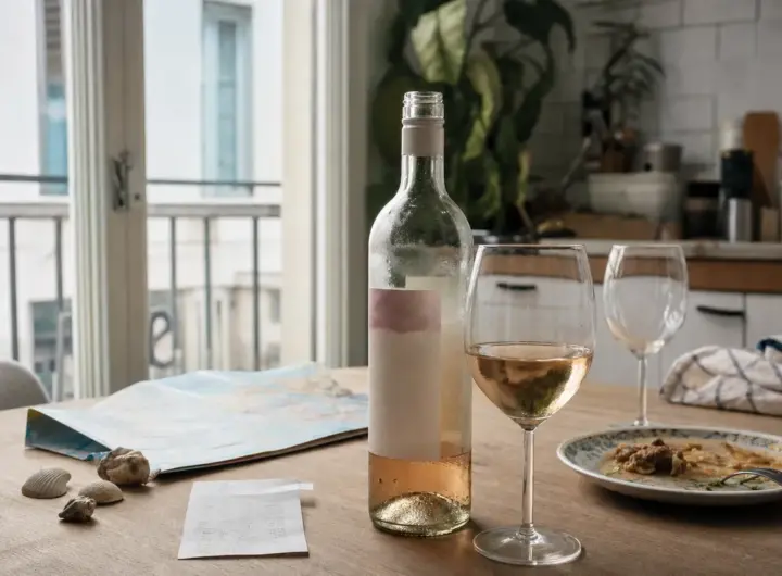 Bottiglia di vino rosato con due calici su un tavolo di cucina, accanto a mappa, conchiglie e scontrino