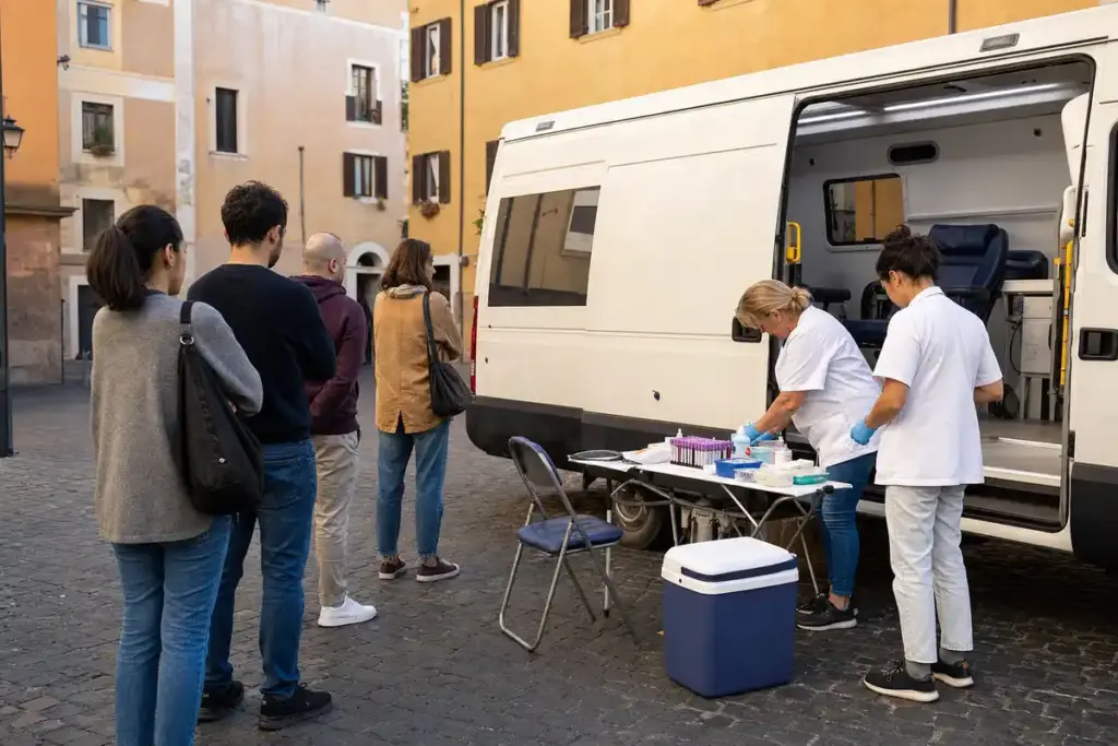 Donatori in fila accanto a un’unità mobile per la donazione di sangue in una piazza di Roma