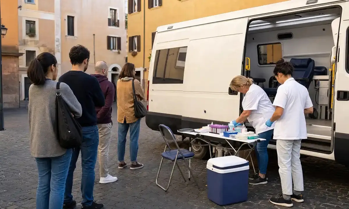 Donatori in fila accanto a un’unità mobile per la donazione di sangue in una piazza di Roma