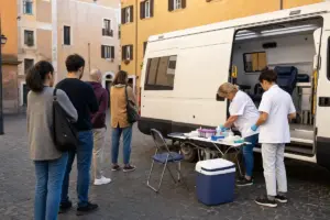Donatori in fila accanto a un’unità mobile per la donazione di sangue in una piazza di Roma