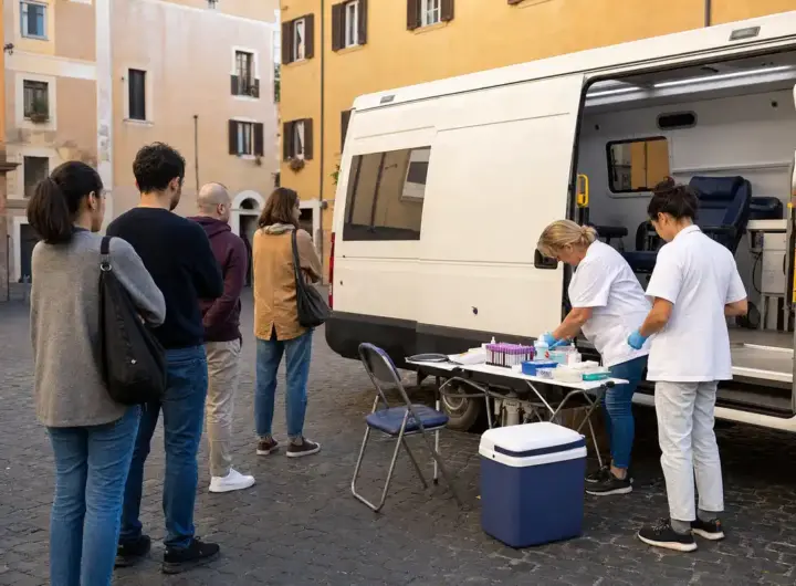 Donatori in fila accanto a un’unità mobile per la donazione di sangue in una piazza di Roma