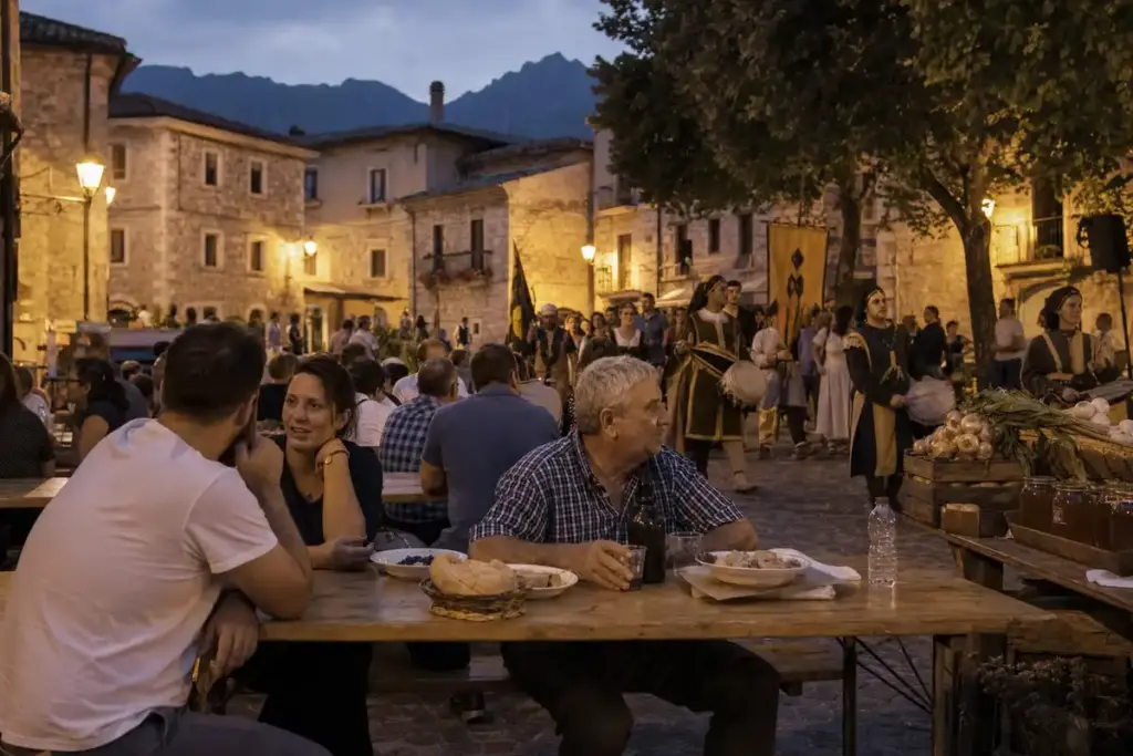 Sagra serale in una piazza di borgo abruzzese con tavolate, gente che cena e figuranti in costume sullo sfondo