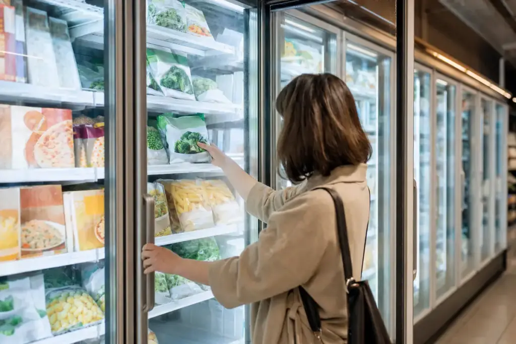 Cliente al supermercato apre un freezer a vetro e prende una busta di verdure surgelate