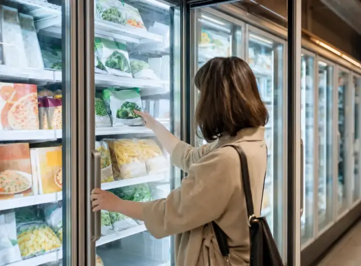 Cliente al supermercato apre un freezer a vetro e prende una busta di verdure surgelate