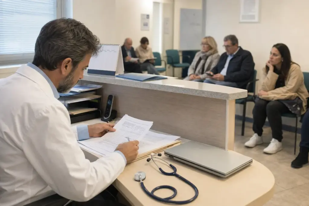Medico in camice esamina documenti al banco di un ambulatorio, mentre alcuni pazienti attendono in sala d’attesa