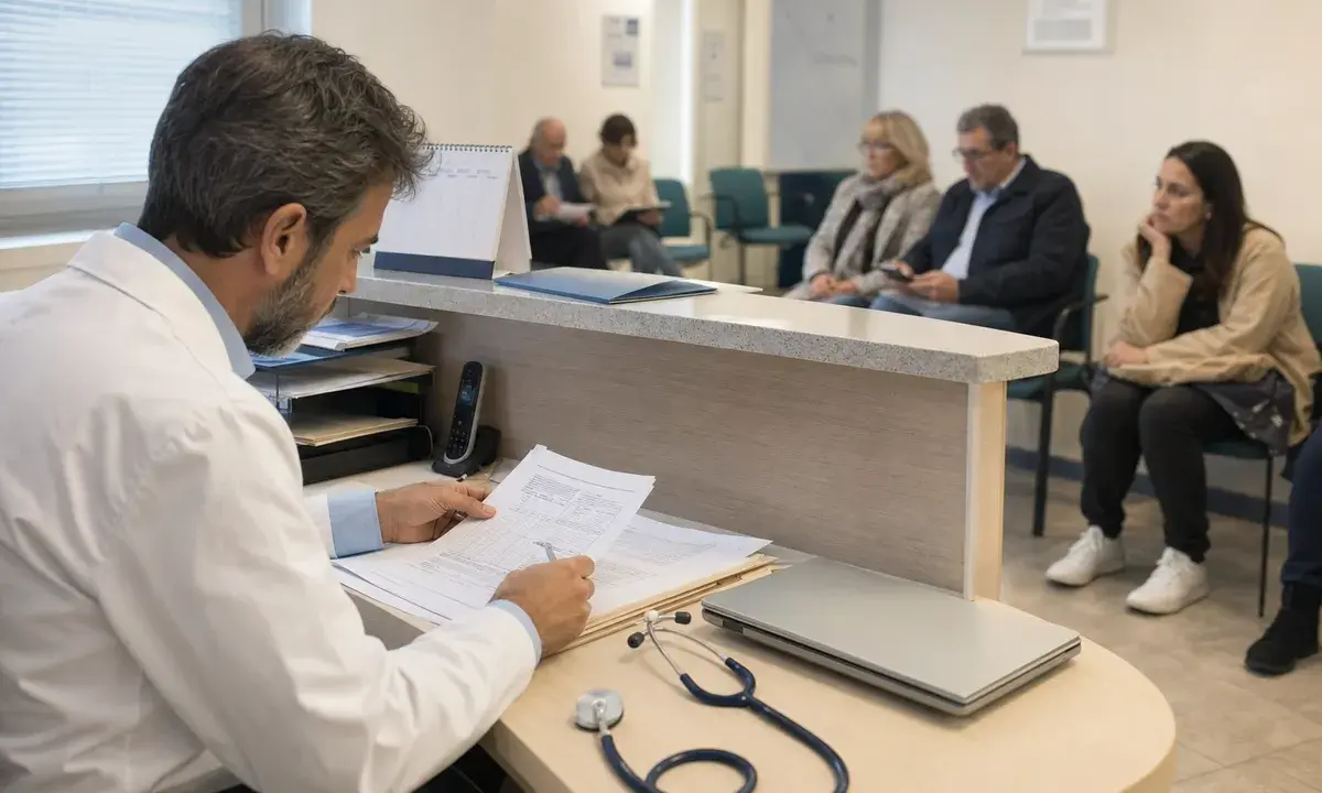 Medico in camice esamina documenti al banco di un ambulatorio, mentre alcuni pazienti attendono in sala d’attesa