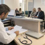 Medico in camice esamina documenti al banco di un ambulatorio, mentre alcuni pazienti attendono in sala d’attesa