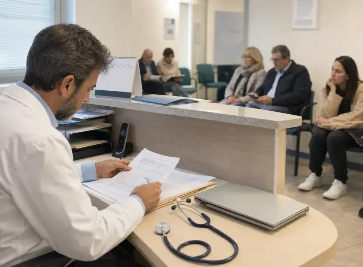 Medico in camice esamina documenti al banco di un ambulatorio, mentre alcuni pazienti attendono in sala d’attesa