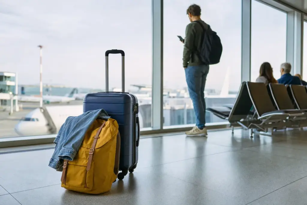 Valigia rigida con zaino giallo e giacca di jeans in un’area partenze aeroportuale, con aereo sullo sfondo