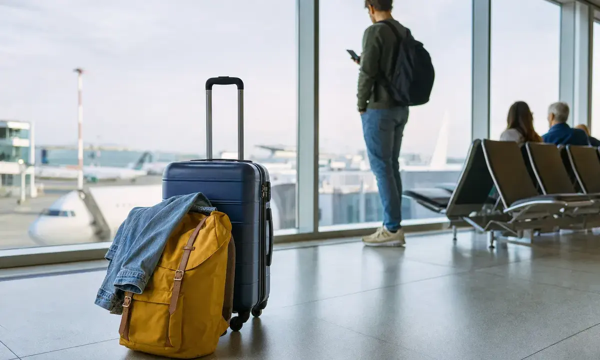 Valigia rigida con zaino giallo e giacca di jeans in un’area partenze aeroportuale, con aereo sullo sfondo